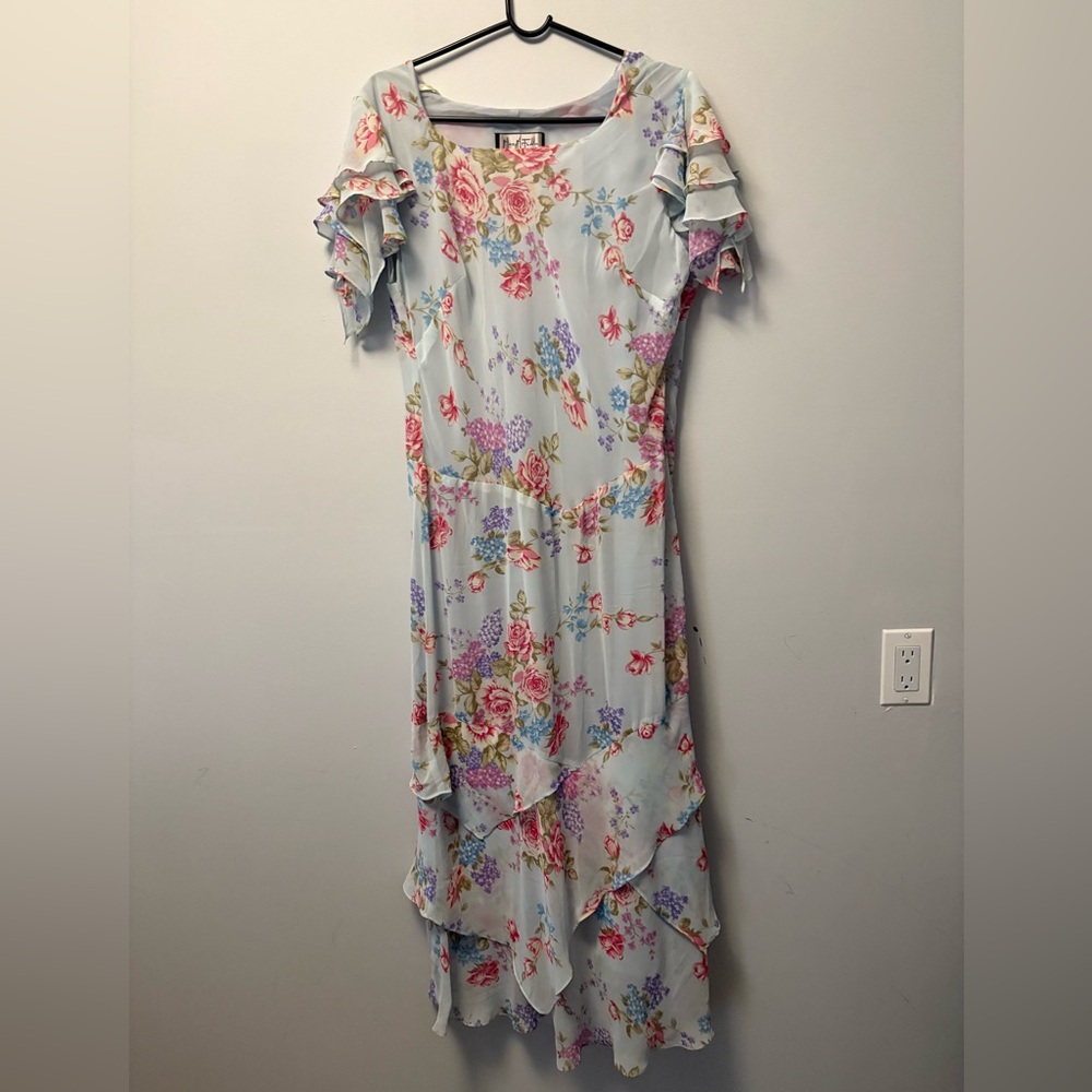 80s floral ruffle tiered dress elegant